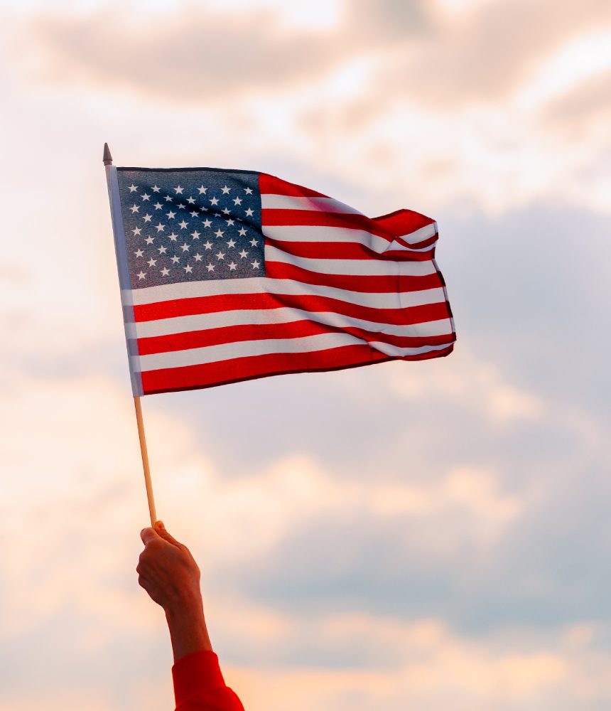 Person holding American flag, cloudy sky.